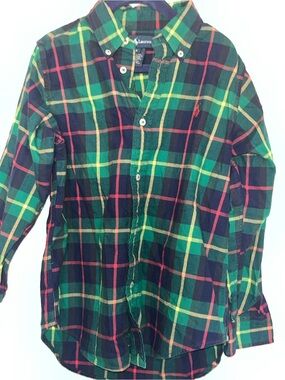 Ralph Lauren Green and Navy Plaid Button-Down Shirt with Red Accents